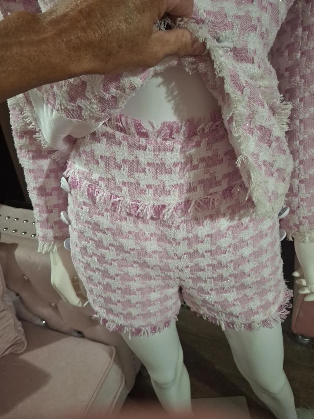 Pink White Houndstooth Bouble Breasted Tweed Blazer & Shorts NWOT  Size S